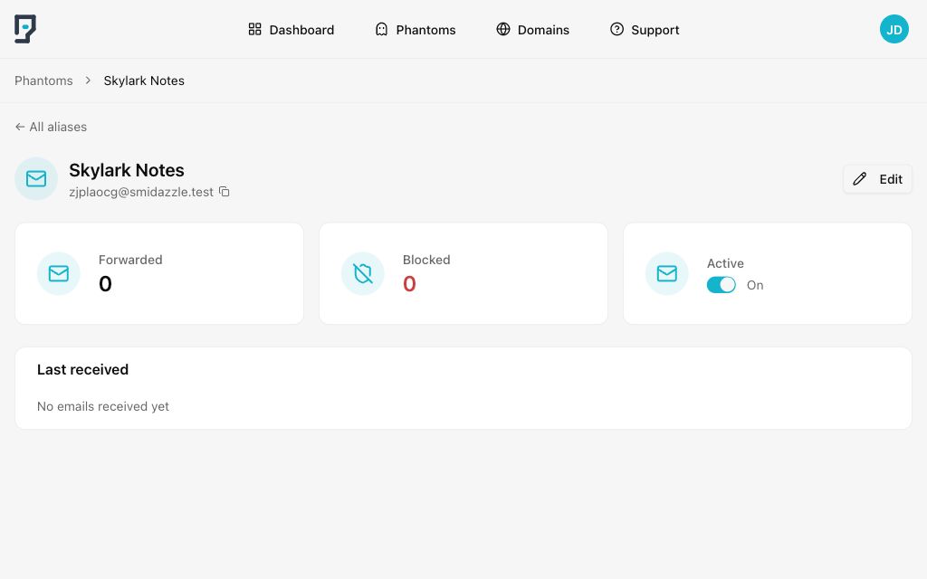 Skylark Notes phantom showing its generated email address, copy icon, and Active status set to On