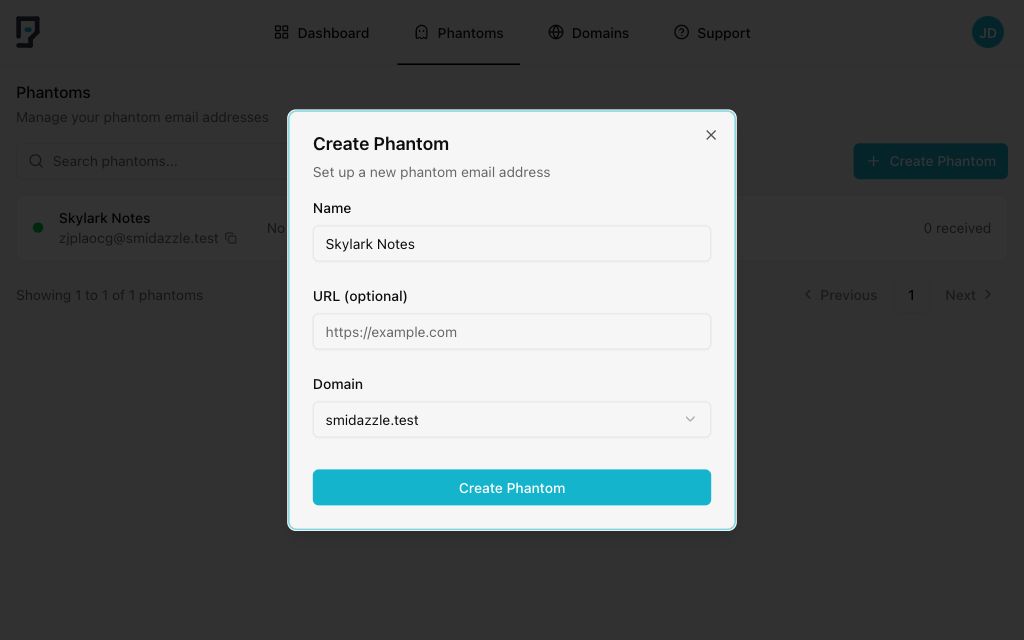 Create Phantom dialog with Skylark Notes entered as the name and a test domain selected