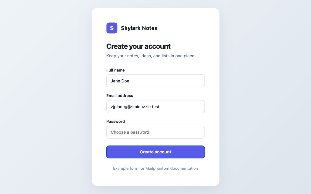 Example Skylark Notes signup form with the copied phantom in the Email address field