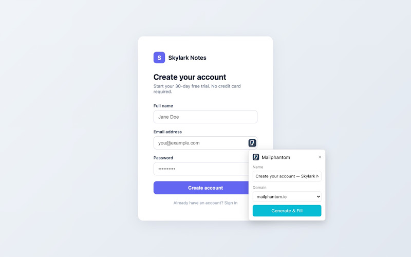 Mailphantom’s Generate & Fill popup beside the email field on a signup form.